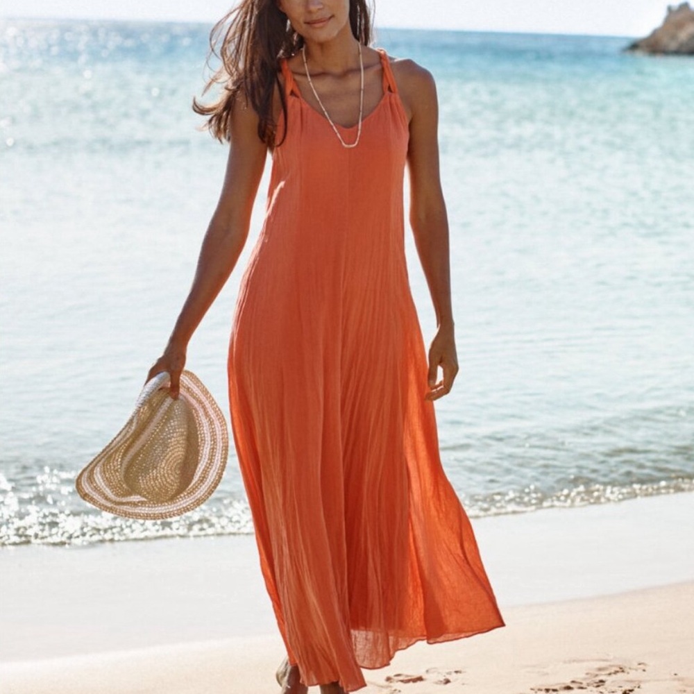 Garnet Hill Orange Gauze Cotton Maxi Dress